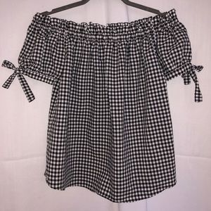 Black/White Checked Across-the-Shoulder Top